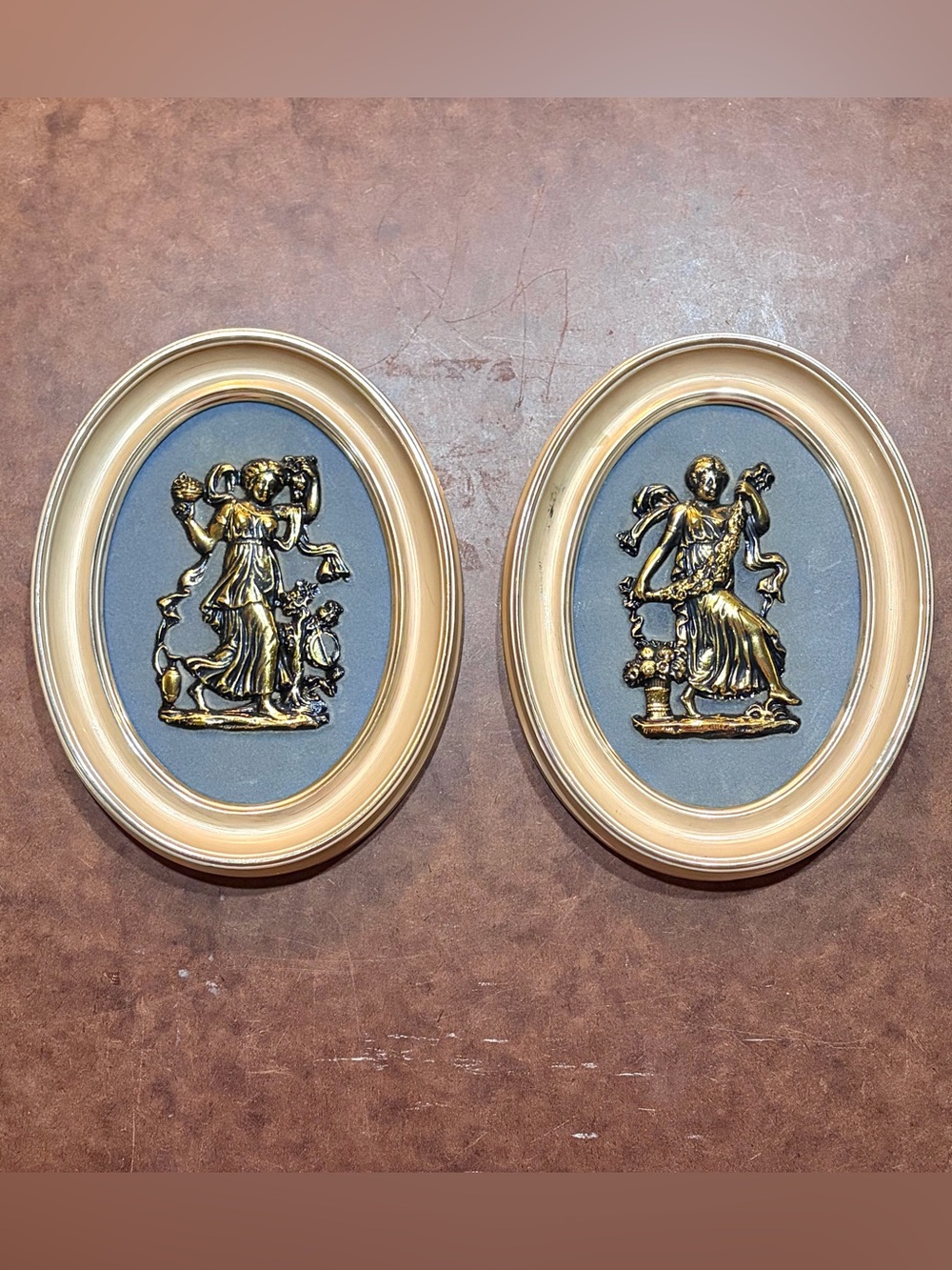 Vintage-Academy Arts Mid Century Oval Wall Plaques-Gold Neoclassical Greek/Roman